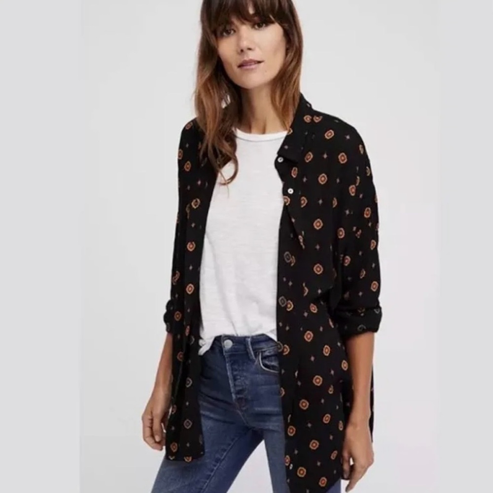 Free People Intimately Medallion Black Button Down Long Sleeve Top Small